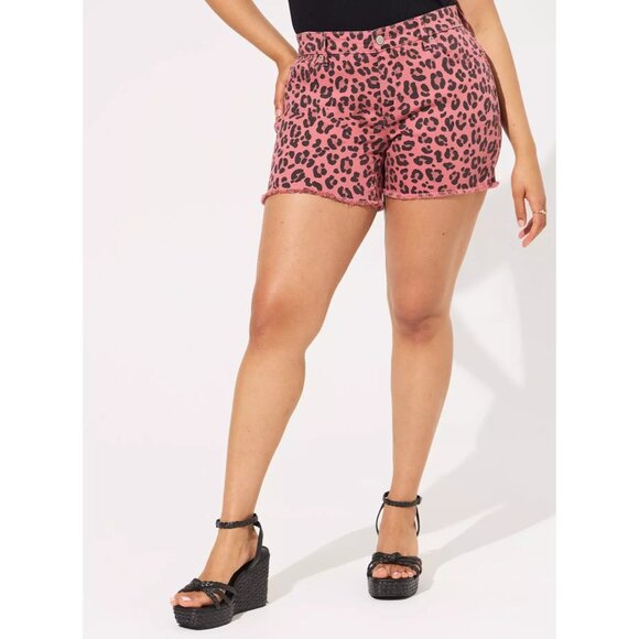 Torrid Shorts High Rise Midi Denim Pink Leopard Fray Stretch - Picture 1 of 15